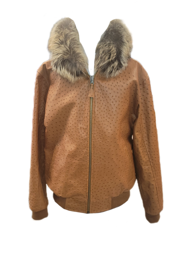 Men's Cognac ostrich bomber jacket trimmed with fox